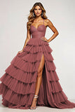 Desert Rose Tulle Maxi Tiered Ball Gown Prom Dress with Ruffles