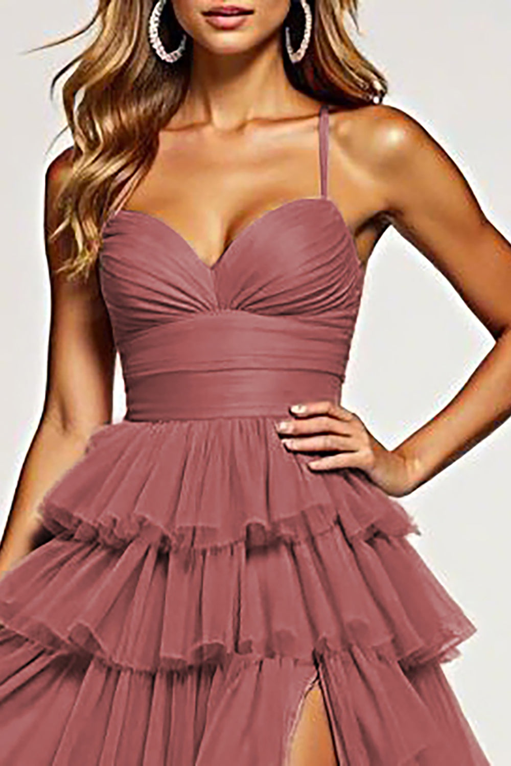 Desert Rose Tulle Maxi Tiered Ball Gown Prom Dress with Ruffles