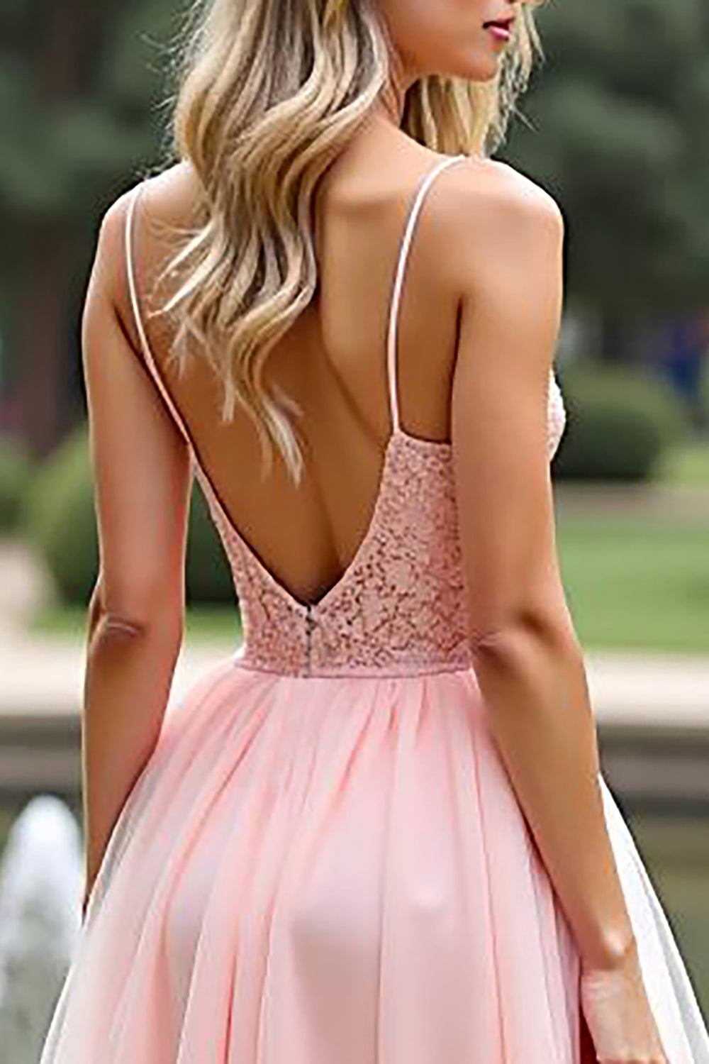 Pink Chiffon Spaghetti Straps Maxi A Line Prom Dress with Lace