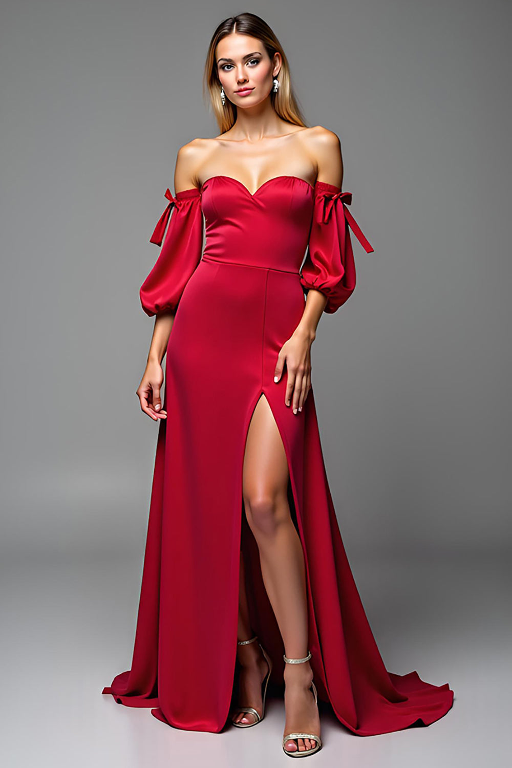 Red Satin Puff Sleeves Sweetheart Maxi A Line Prom Dress with Slit