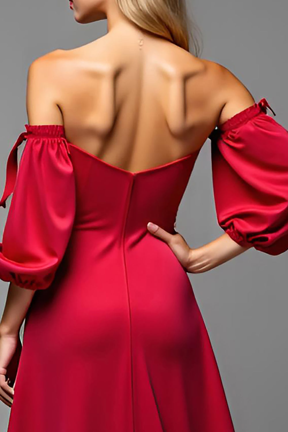 Red Satin Puff Sleeves Sweetheart Maxi A Line Prom Dress with Slit