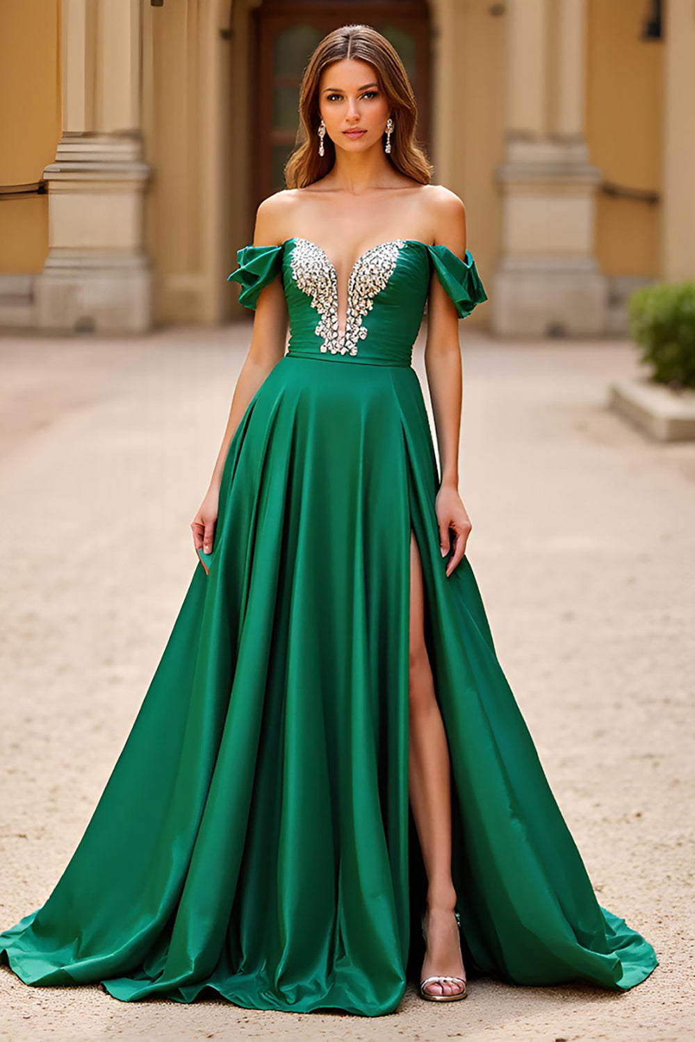 Sparkly Dark Green Off the Shoulder Maxi A Line Prom Dress with Rhinestones
