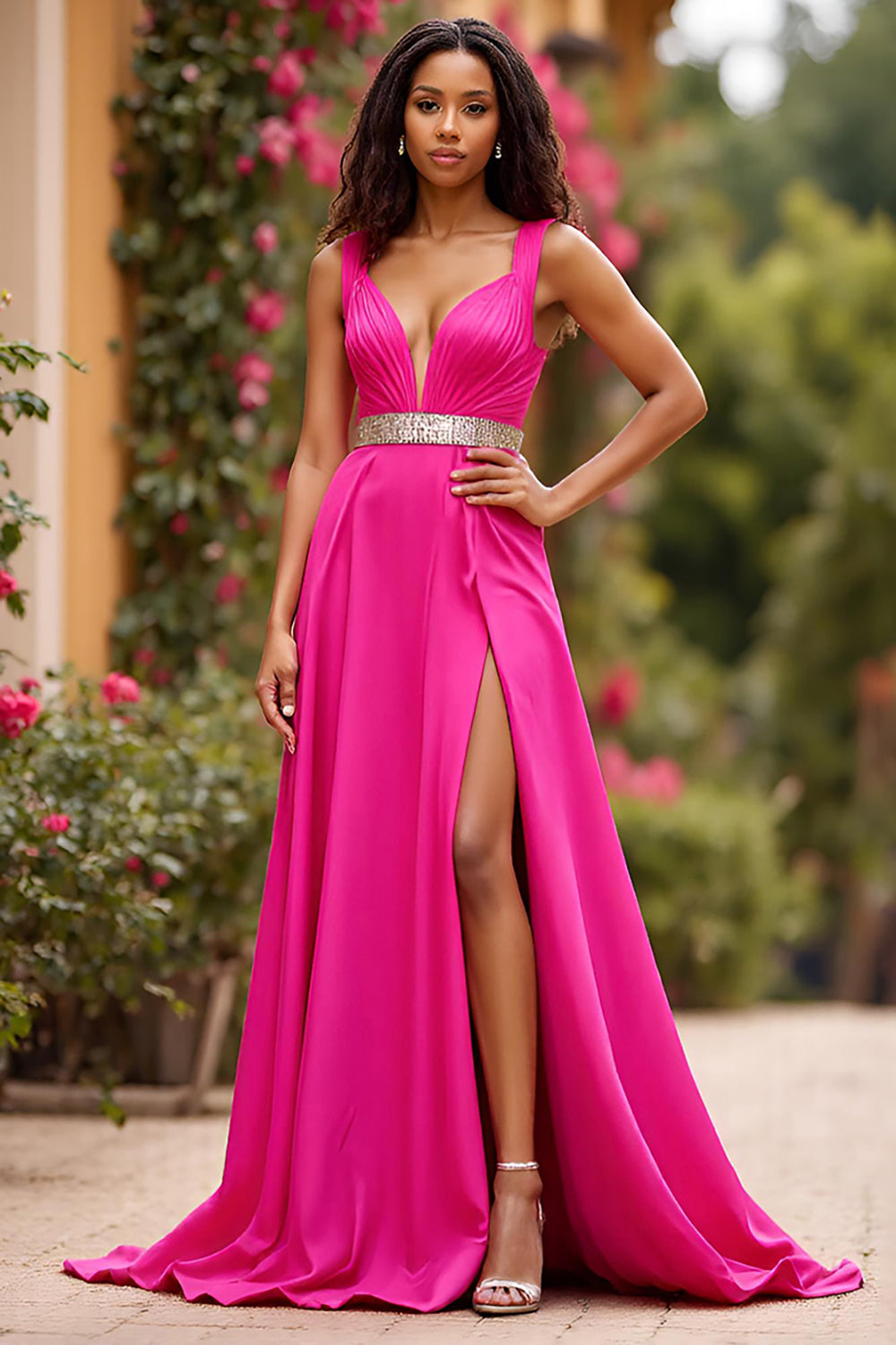Fuchsia Sparkly V-Neck Satin Maxi A Line Prom Dress with Slit