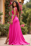 Fuchsia Sparkly V-Neck Satin Maxi A Line Prom Dress with Slit