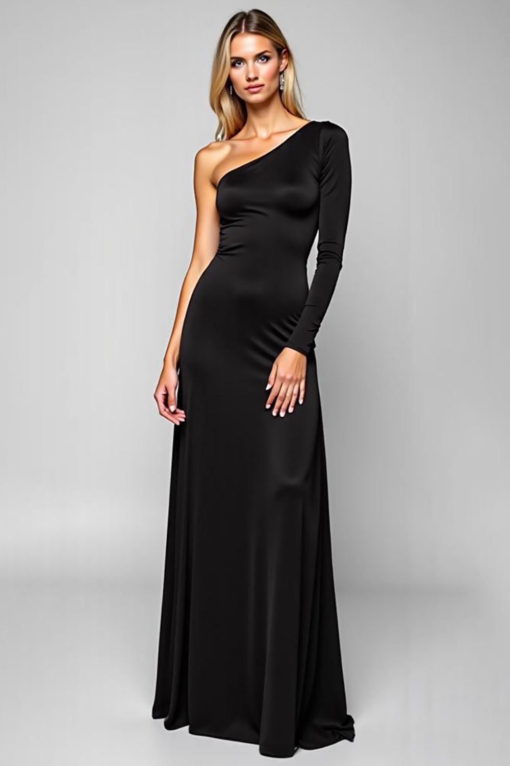 Simple Black One Shoulder Satin Maxi Sheath Formal Dress
