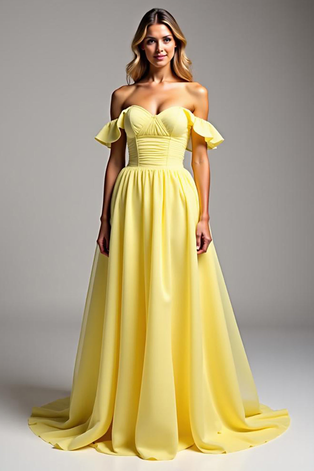Light Yellow Chiffon A Line Long Prom Dress with Ruffles