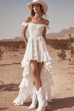 White Lace Off the Shoulder High Low A-Line Boho Dress with Ruffles