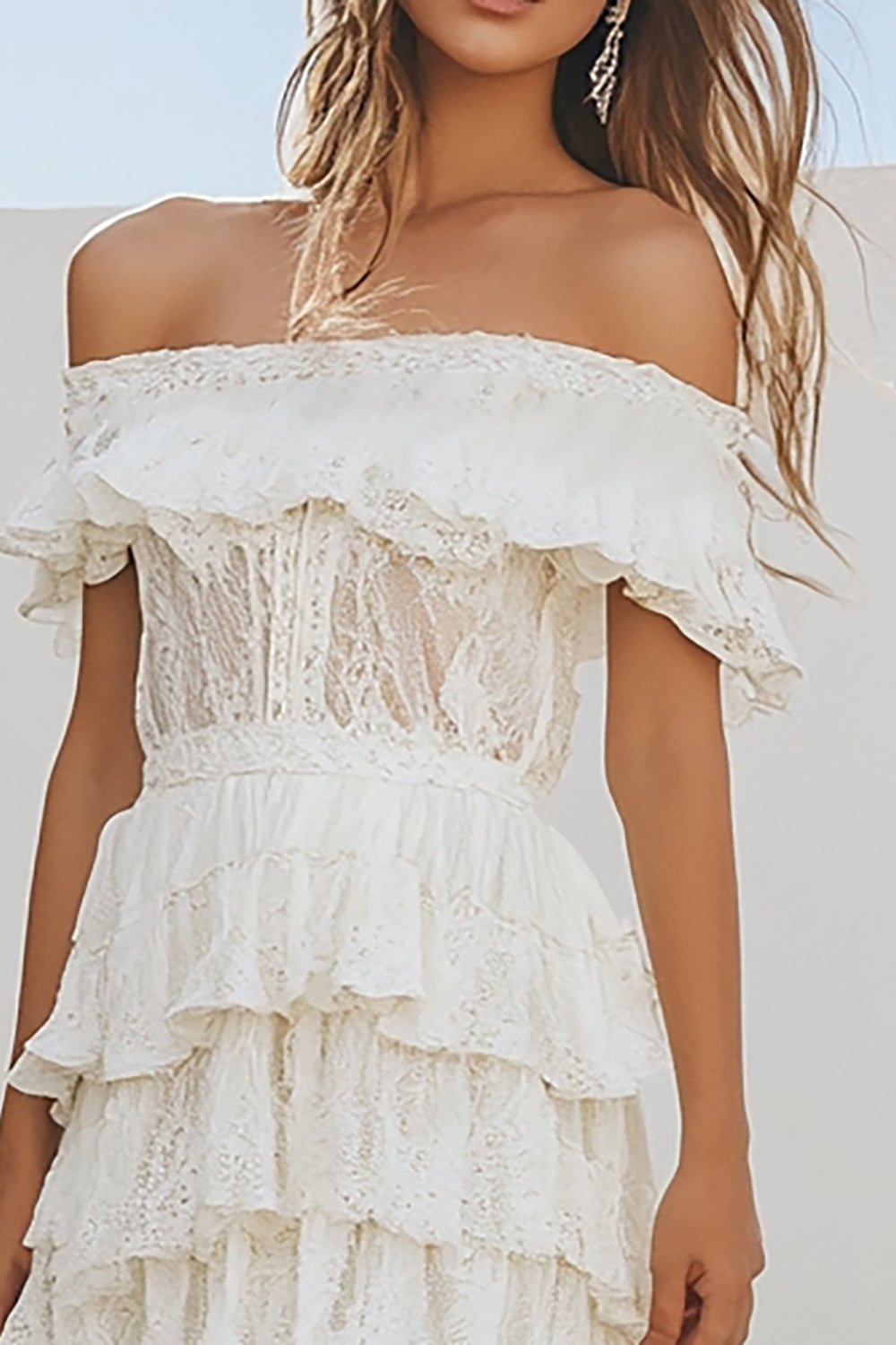 Tiered Lace White A Line Knee Length Boho Dress with Ruffles