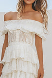 Tiered Lace White A Line Knee Length Boho Dress with Ruffles