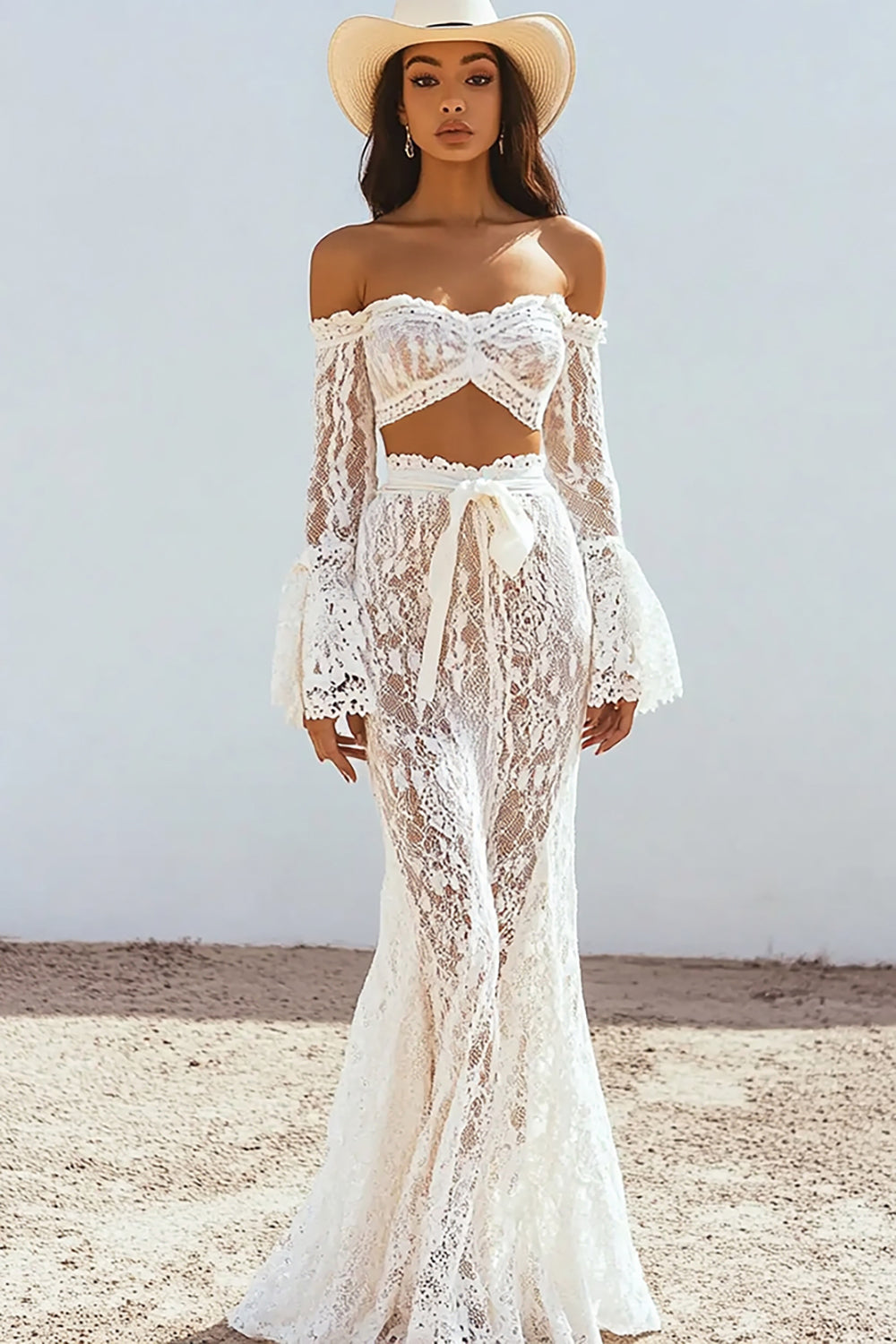 2 Piece Lace White Sheath Flare Sleeves Maxi Boho Dress with Sash