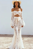 2 Piece Lace White Sheath Flare Sleeves Maxi Boho Dress with Sash