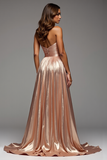 Champagne A Line Ruched Metallic Maxi Prom Dress with Slit