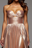 Champagne A Line Ruched Metallic Maxi Prom Dress with Slit