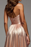 Champagne A Line Ruched Metallic Maxi Prom Dress with Slit