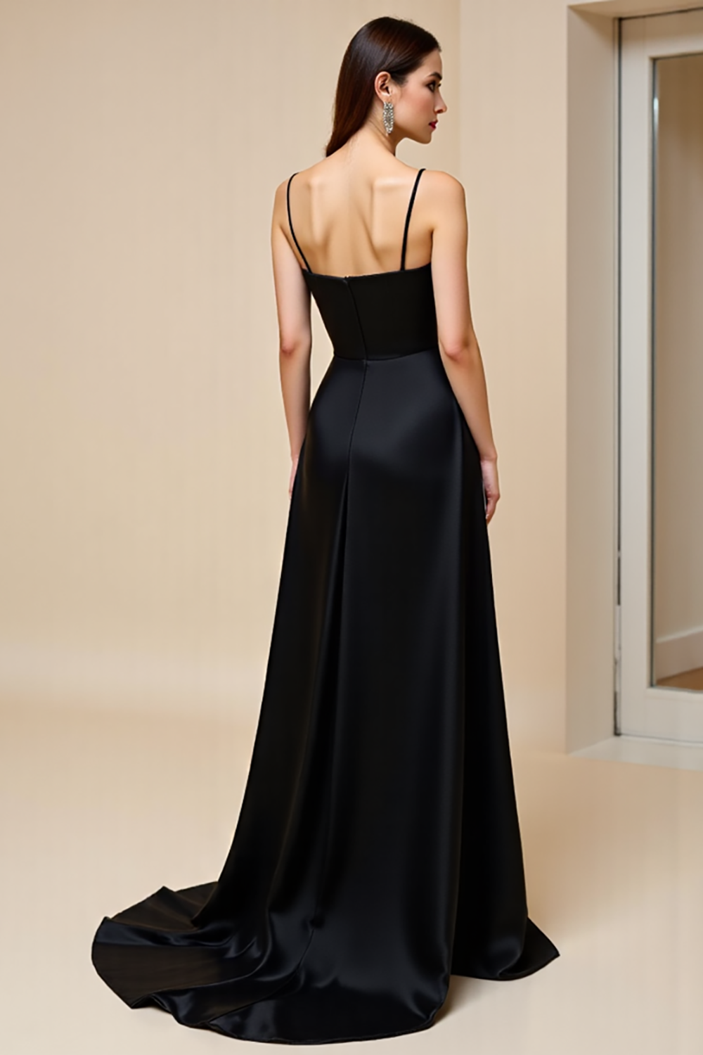 Black A Line Satin Backless Maxi Prom Dress