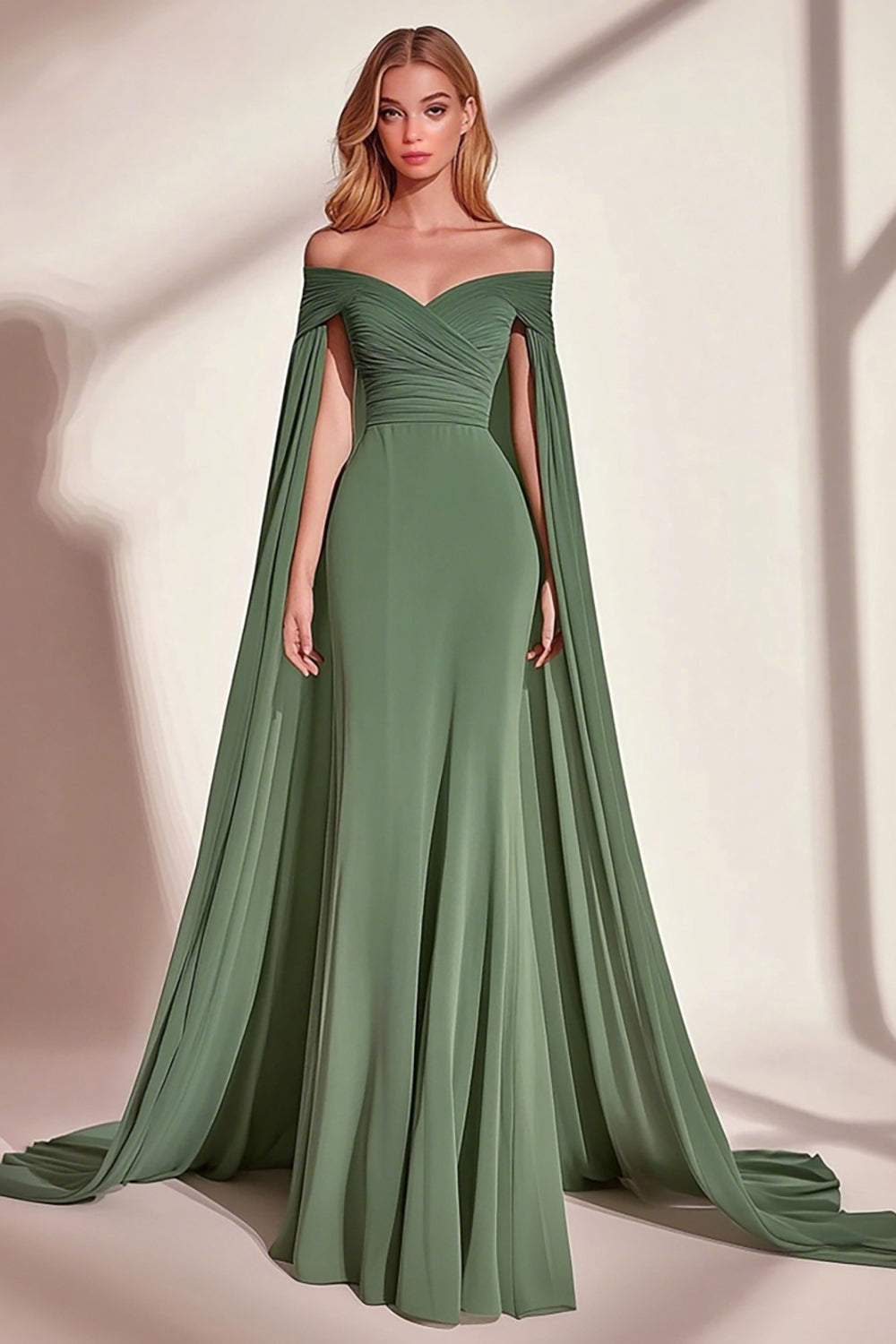 Eucalyptus Mermaid Off the Shoulder Ruched Maxi Prom Dress with Cape