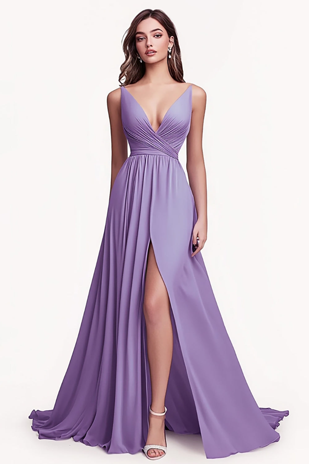Chiffon A Line Ruched Lilac Maxi Prom Dress with Slit