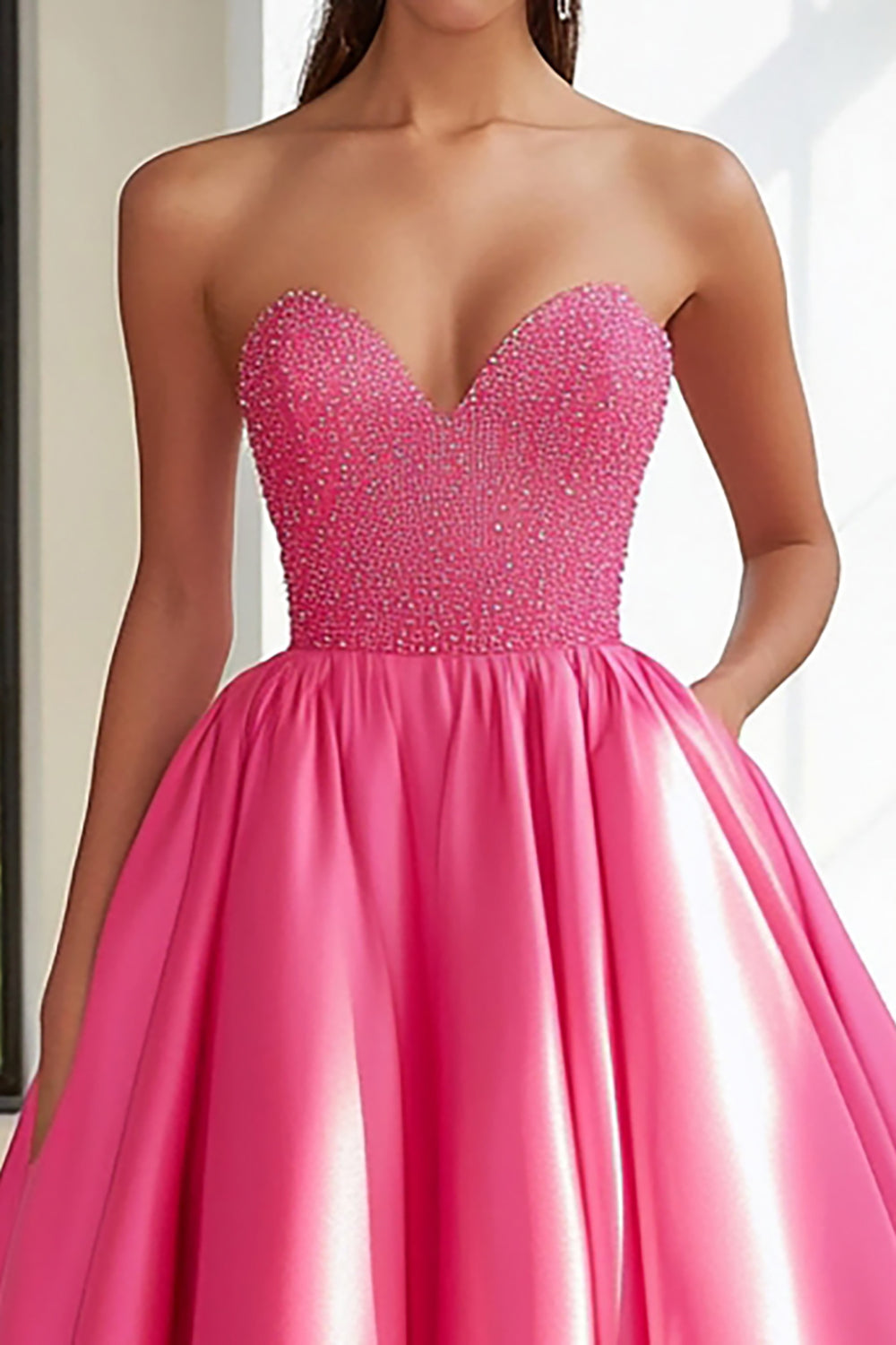 Sparkly Fuchsia Satin Beaded Ball Gown Maxi Prom Dress