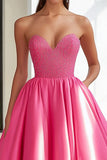 Sparkly Fuchsia Satin Beaded Ball Gown Maxi Prom Dress