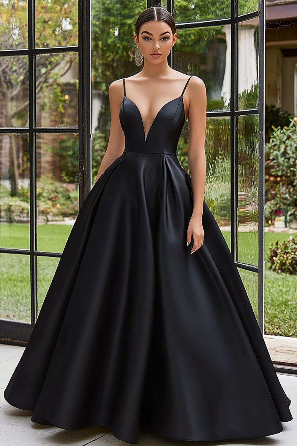 Satin Spaghetti Straps Black Ball Gown Maxi Prom Dress