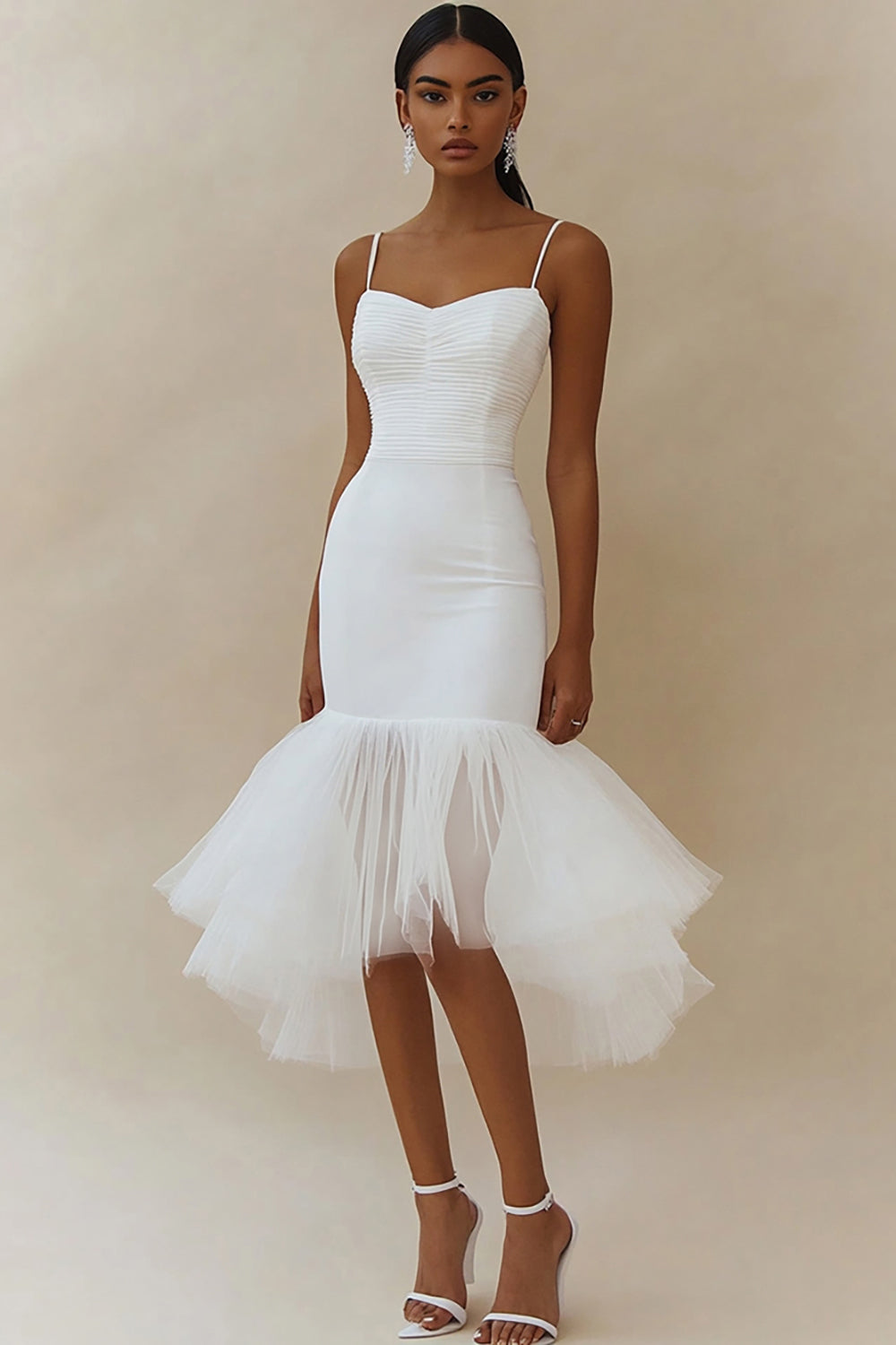 White Satin Spaghetti Straps Mermaid Midi Engagement Dress with Ruffles