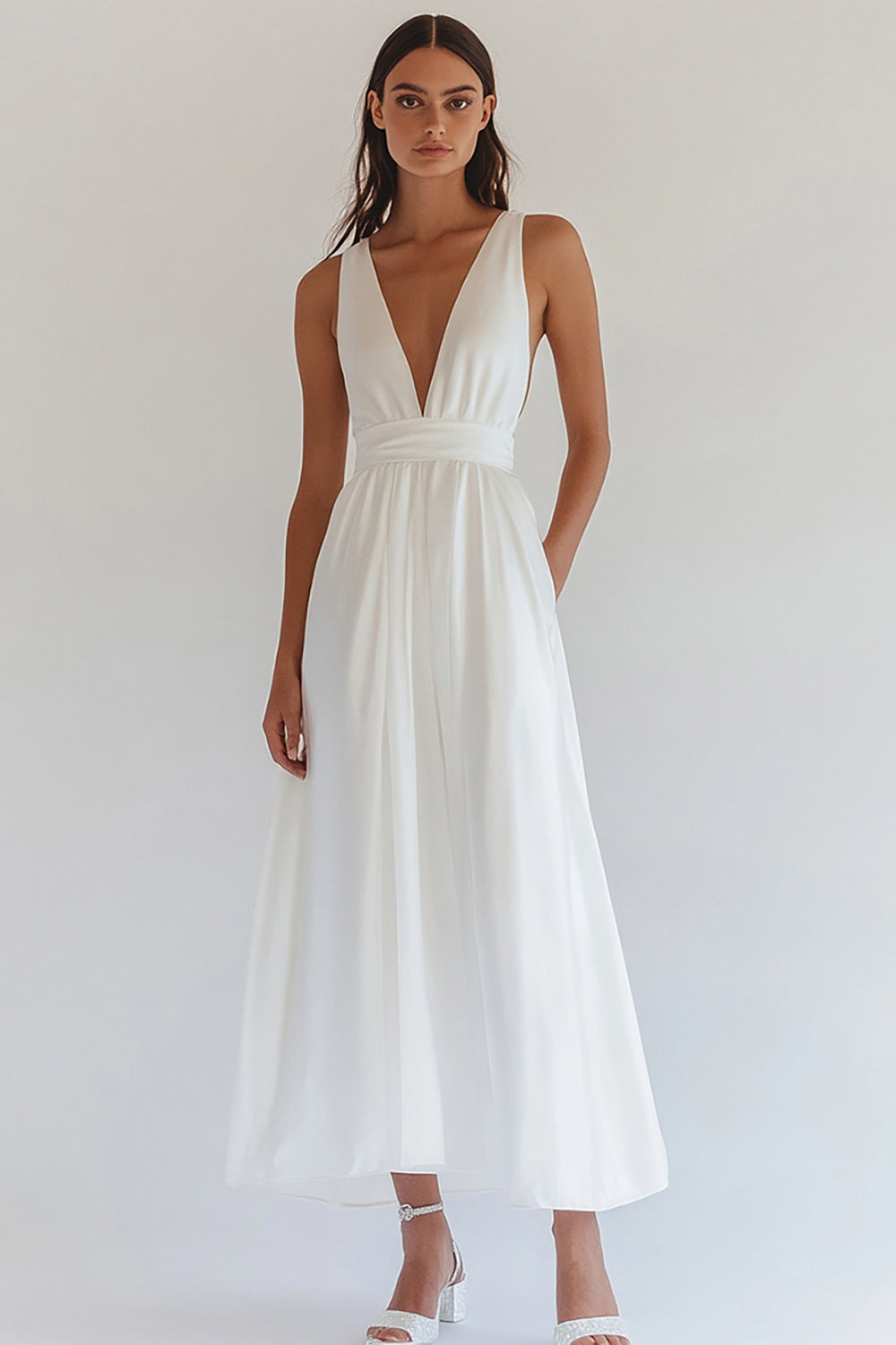 White Satin V-Neck Long Engagement Dress