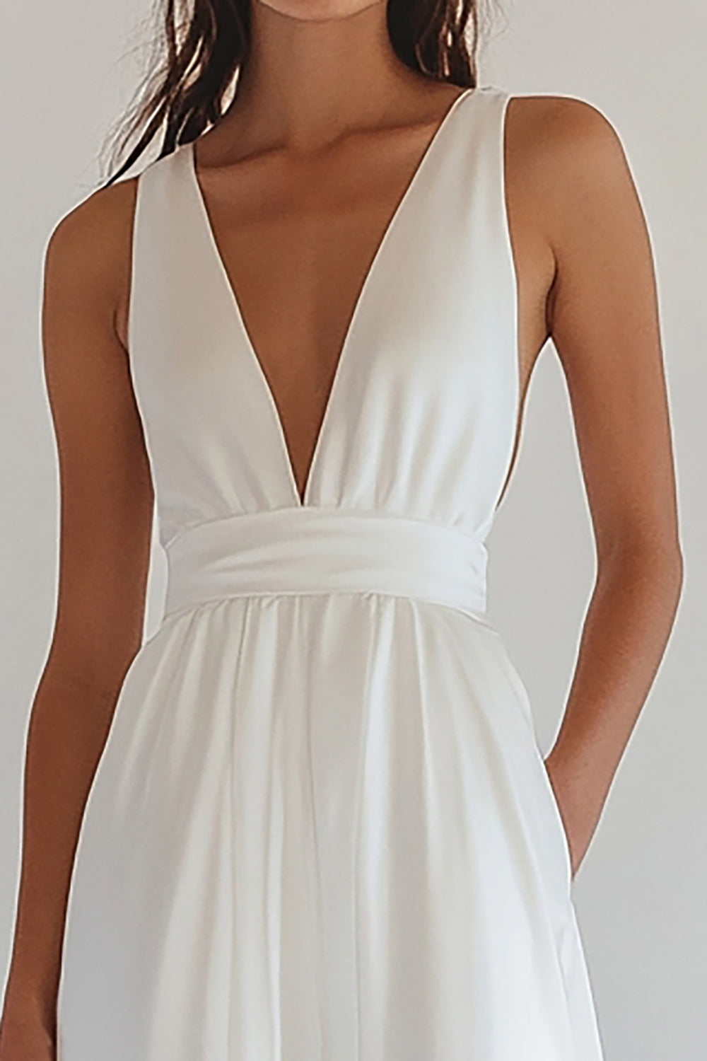 White Satin V-Neck Long Engagement Dress
