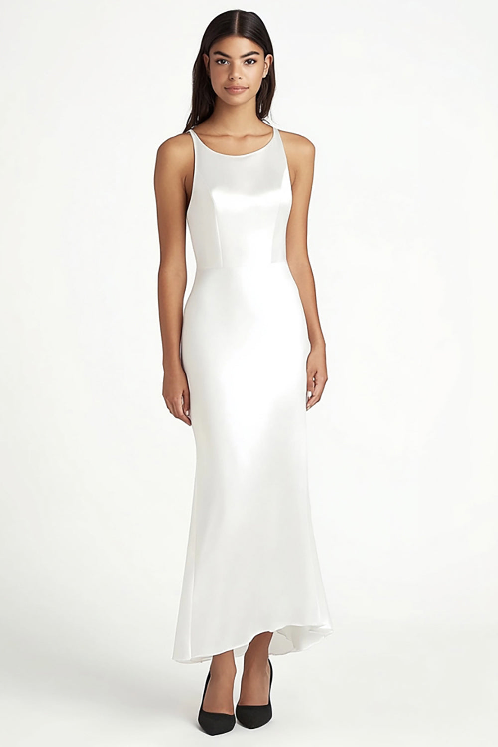 White Satin Scoop Neck Long Mermaid Engagement Dress