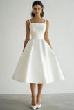 White Square Neck Satin Midi A Line Engagement Dress