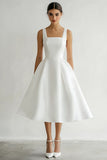 White Satin Midi Square Neck A Line Engagement Dress