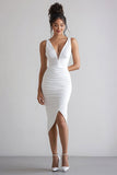 White Satin V-Neck Bodycon Midi Engagement Dress