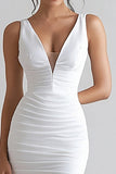 White Satin V-Neck Bodycon Midi Engagement Dress