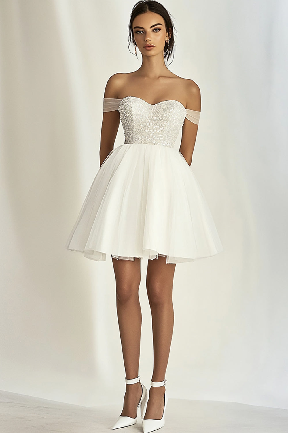 Sparkly White Tulle Off the Shoulder Mini Graduation Dress with Beading