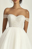 Sparkly White Tulle Off the Shoulder Mini Graduation Dress with Beading