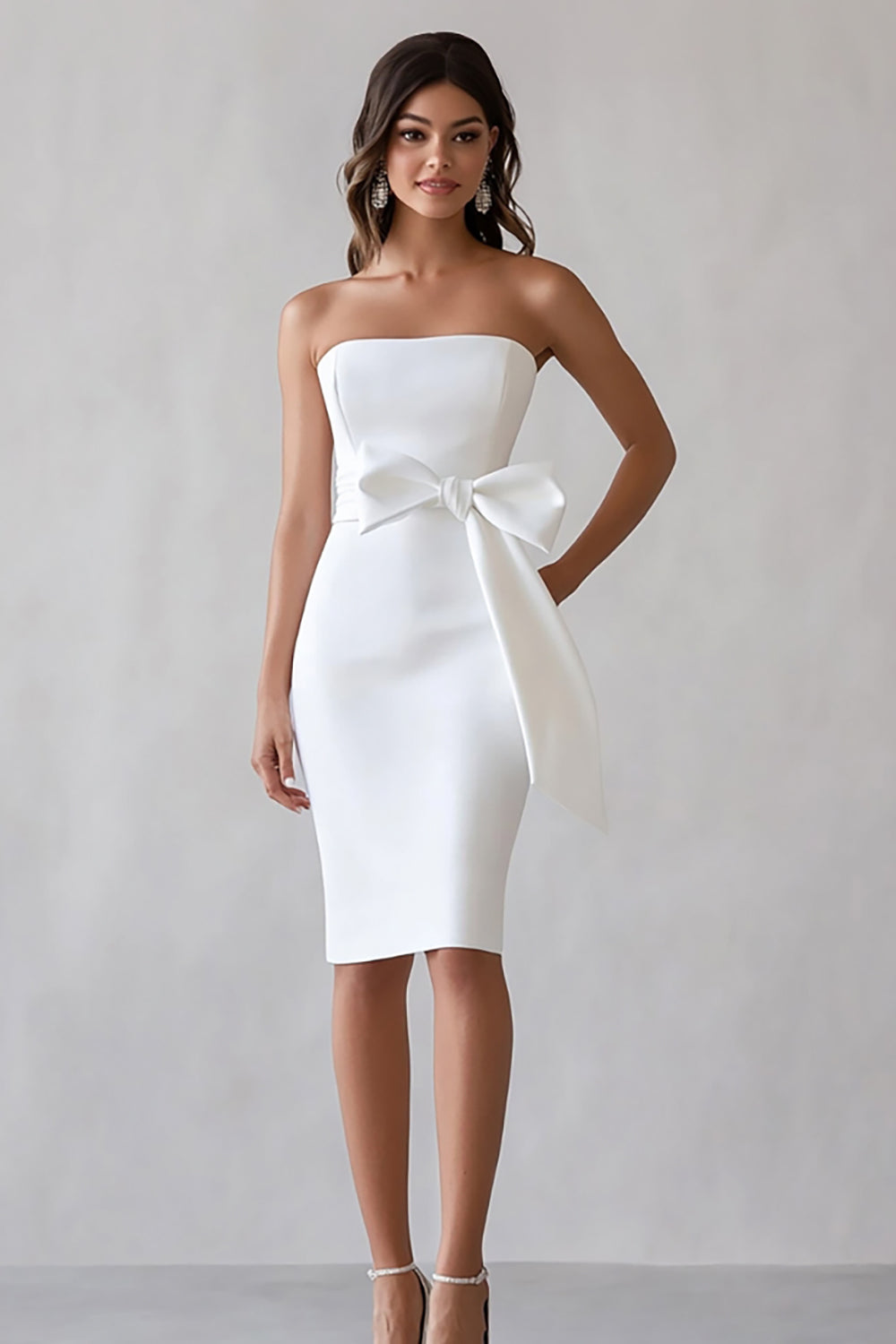 White Satin Strapless Bodycon Midi Engagement Dress