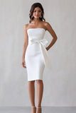 White Satin Strapless Bodycon Midi Engagement Dress