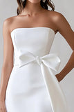 White Satin Strapless Bodycon Midi Engagement Dress