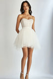 Sparkly White Tulle Sweetheart Mini Graduation Dress with Beading