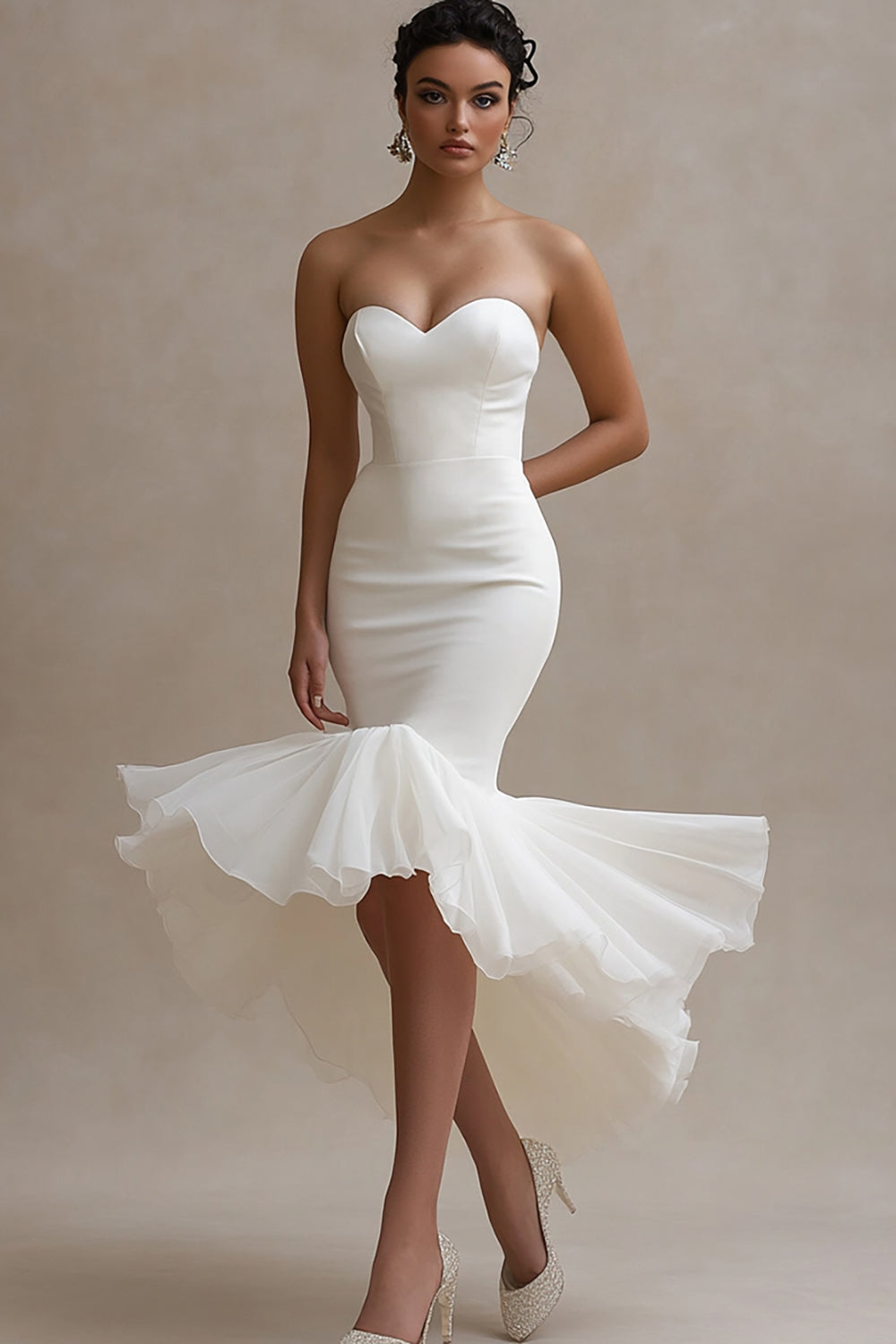 White Sweetheart Satin Long Engagement Dress with Ruffles