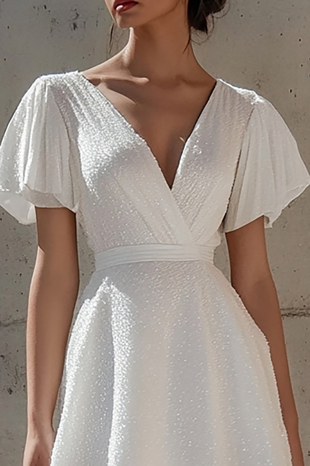 Sparkly White Short Sleeves V-Neck Mini Graduation Dress