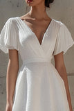 Sparkly White Short Sleeves V-Neck Mini Graduation Dress