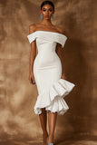 White Satin Midi Mermaid Engagement Dress with Ruffles
