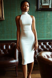 White Satin High Neck Bodycon Midi Graduation Dress