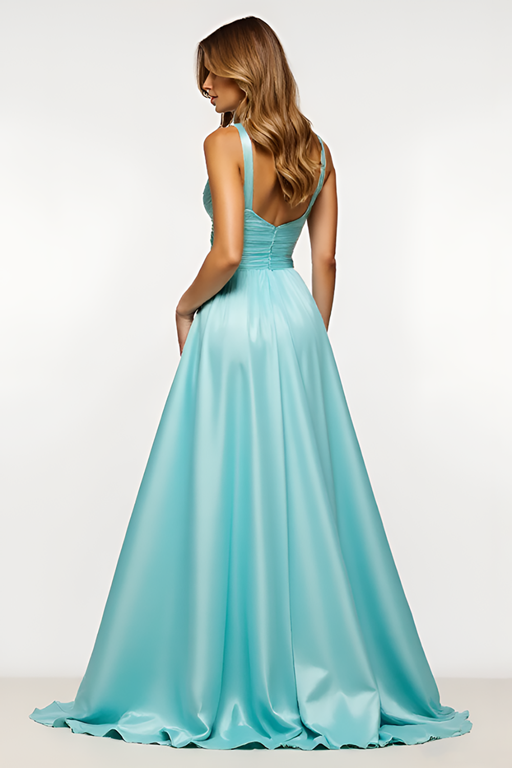 Mint A Line V-Neck Backless Satin Maxi Prom Dress