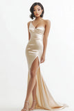 Champagne Mermaid Satin One Shoulder Maxi Prom Dress with Slit