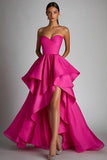 Fuchsia Satin Ruched High-Low Prom Dress with Ruffles