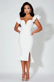 White Sweetheart Satin Bodycon Midi Graduation Dress with Ruffles