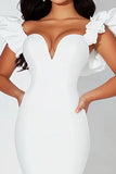 White Sweetheart Satin Bodycon Midi Graduation Dress with Ruffles