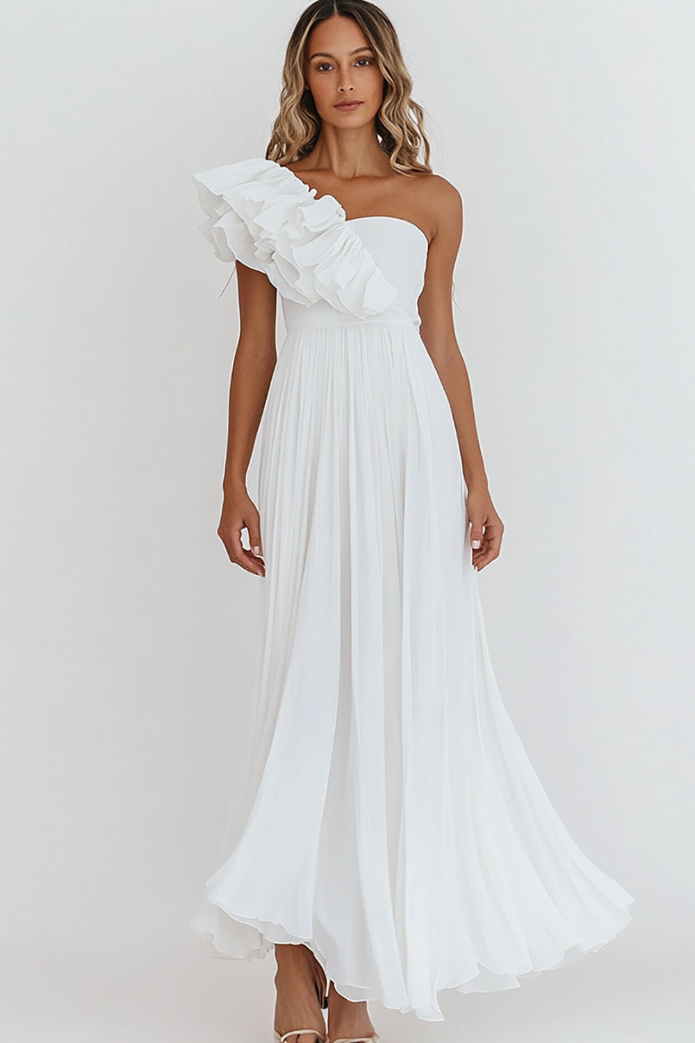 White Chiffon One Shoulder A Line Maxi Engagement Dress with Ruffles