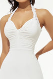 Stylish White Satin Short Halter A Line Graduation Dress with Ruffles
